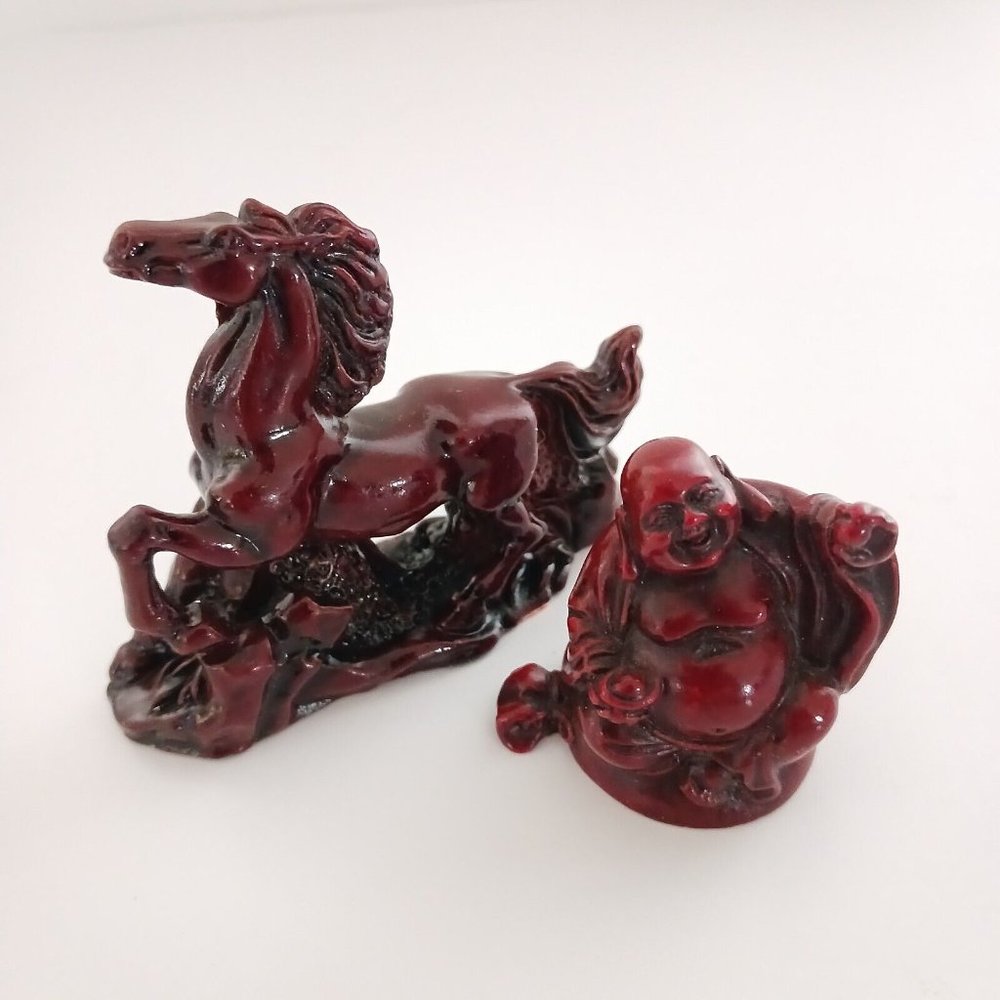 Vintage Small Laughing Lucky Buddha Statue Red Resin and Feng Shui Dragon Lot
